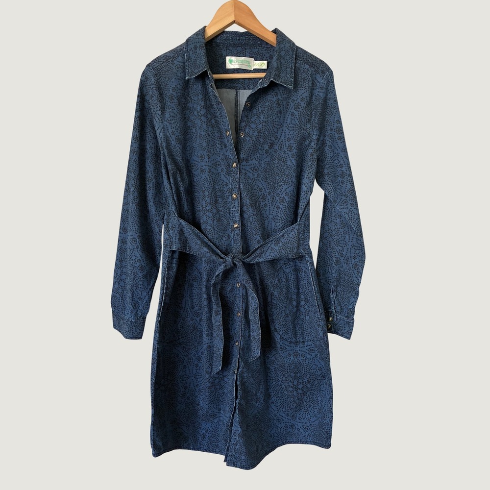 Aventura Eco Blue Floral Dot Denim Shirt Dress Tie Waist Cotton‎ Blend Womens M